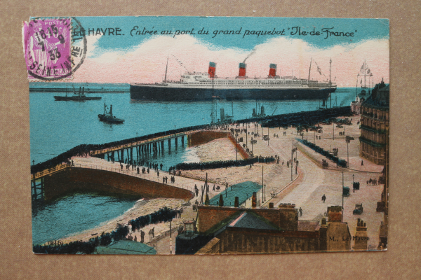 Postcard PC Le Havre 1933 paquebot ILE DE FRANCE harbour street Houses France 76 Seine Maritimes